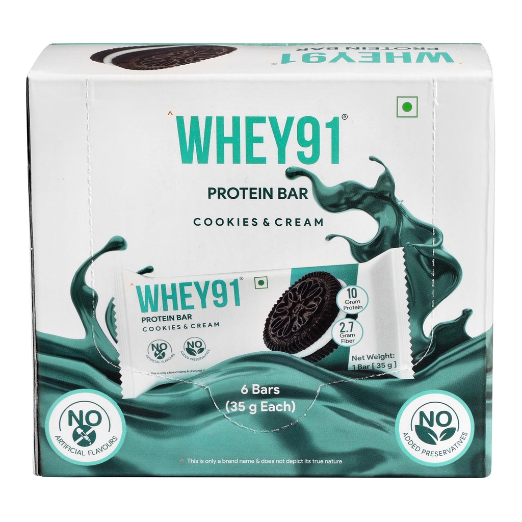Whey91 Cookies & Cream Protein Bar, 10g Protein & 2.7g Fiber in each, No Preservatives, No Artificial Flavours, 210g- (Pack of 6)