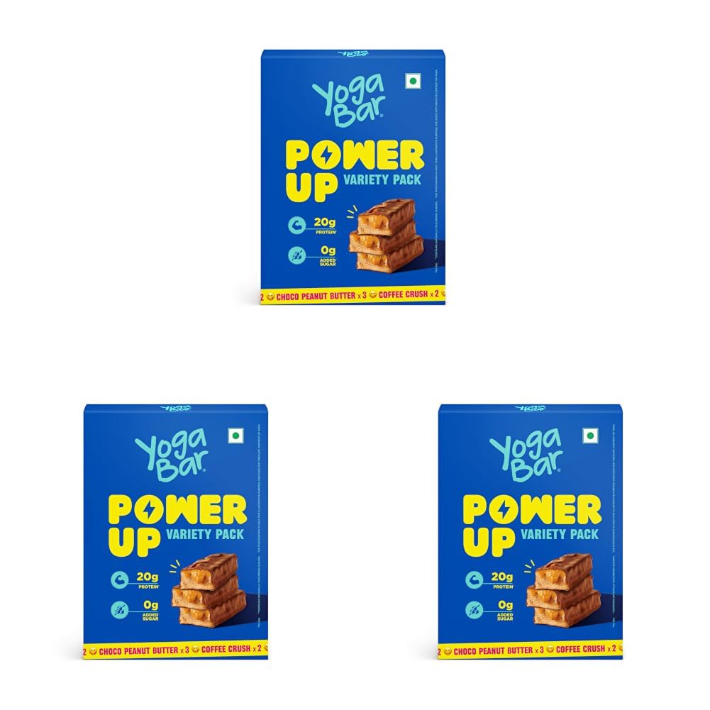 Yogabar Power Up 20g Protein Bar (5 Bars, Variety Pack, No Added Sugar) | Zero Added Sugar Protein Bars | High Protein Blend - Whey Protein Concentrate, Peanuts & Soy (Pack of 3)