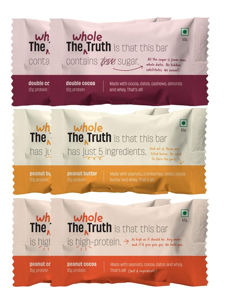The Whole Truth - Protein Bars | Peanut Heavy (2 Double Cocoa Bars, 2 Peanut Cocoa, 2 Peanut Butter Bars) | Pack of 6 x 52g each | No Preservatives | No Gluten or Soy | All Natural