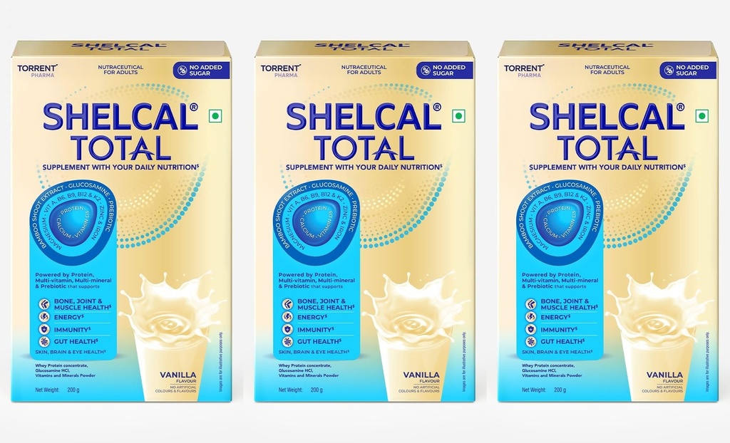 Shelcal Total - Powered by Protein, Multi-Vitamin, Multi-Mineral & Prebiotic supports Bone, Joint & Muscle, Immunity, Gut Health and more - No Added Sugar (Vanilla) 200g - By Torrent Pharma, Pack of 3
