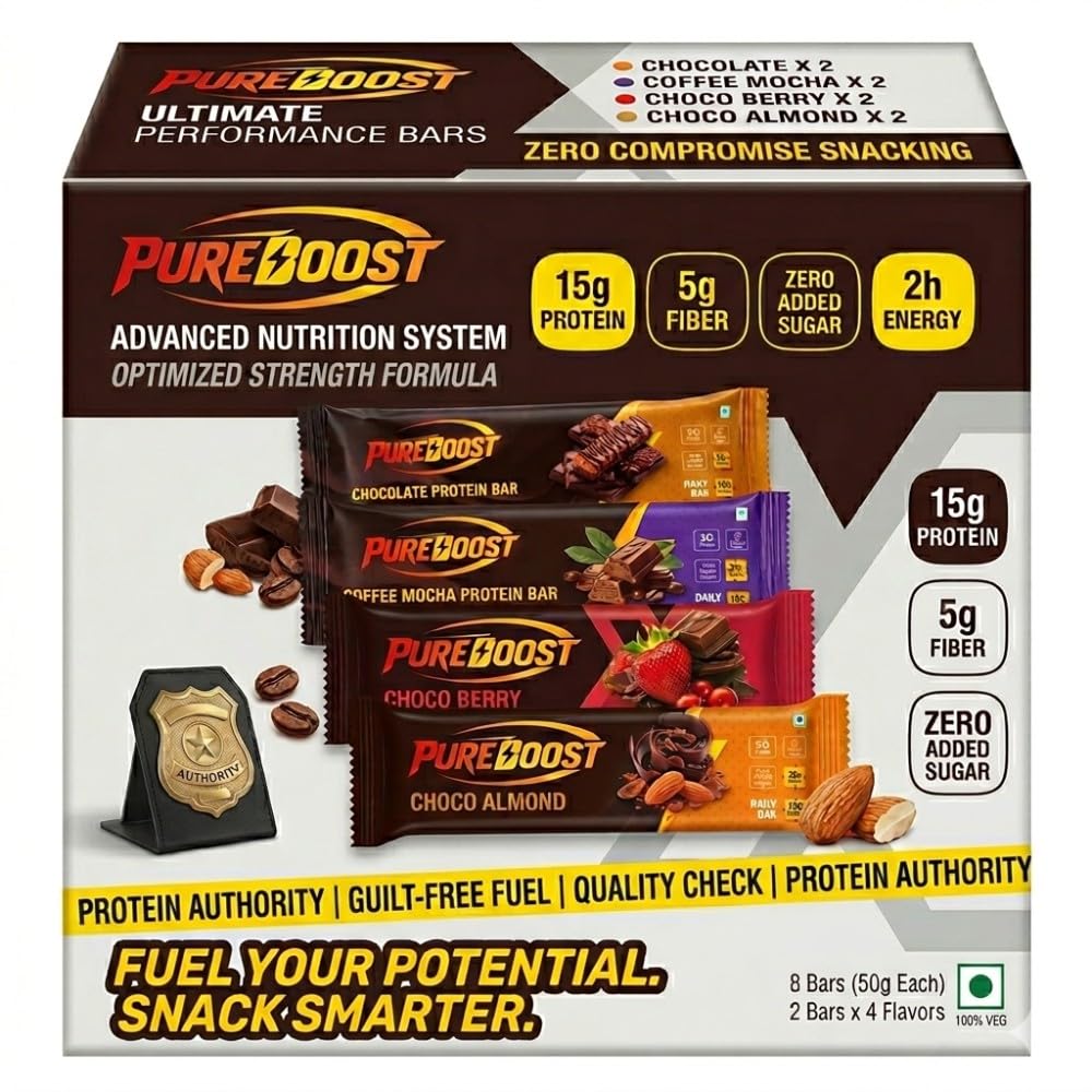 Protein Bars Variety Pack | 15g Protein & 5g Fiber | Zero Added Sugar | Healthy Snack for Gym, Weight Loss & Energy | Chocolate, Coffee Mocha, Choco Berry & Choco Almond 50g (Pack of 8)
