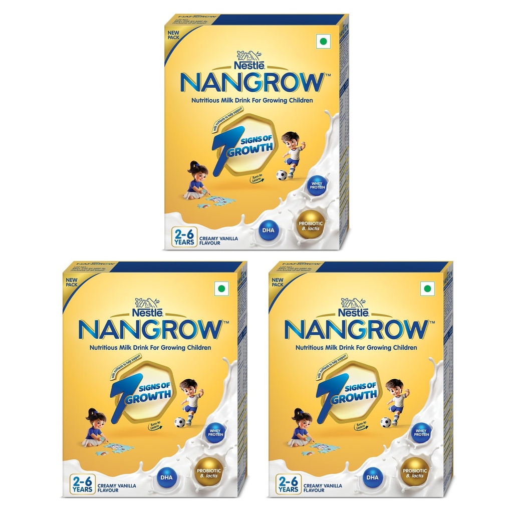 Nangrow Nutritious Milk Drink Powder For Growing Children Toddler Aged 2-6 Years | Contains DHA | Rich In Protein & Vital Nutrients | Creamy Vanilla Flavor, 400g, BIB Pack (Pack of 3)