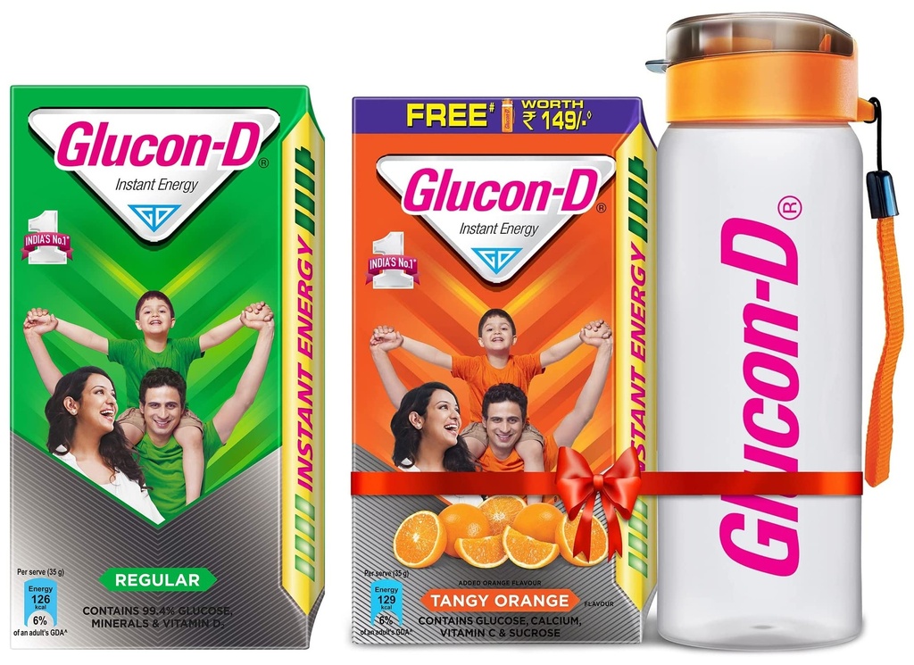 Glucon-D Instant Energy Health Drink Tangy Orange - 1kg Refill with free bottle & Instant Energy, Regular Pack - 1 kg