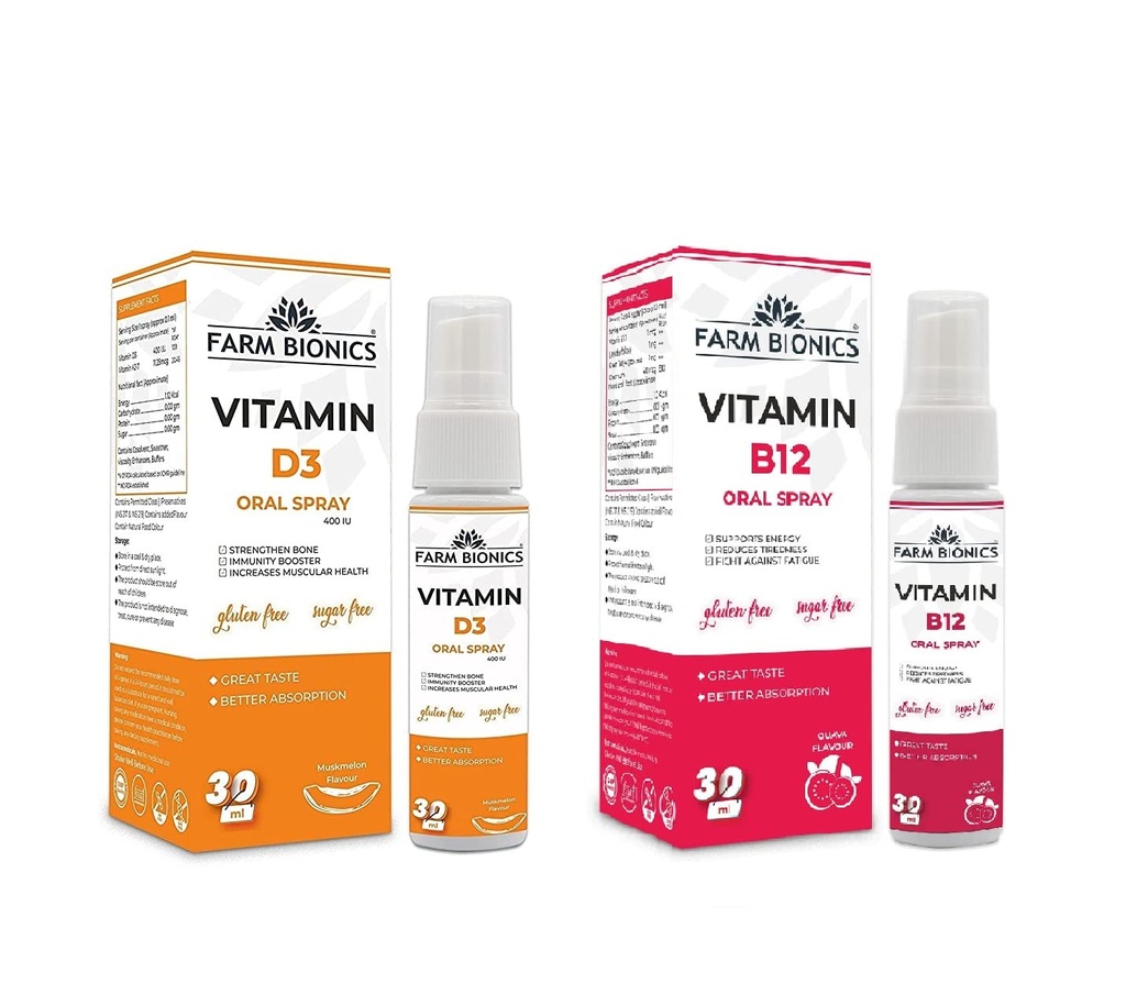 Combo of Guava Flavour Vitamin B12 and Muskmelon Flovour Vitamin D3 Oral Spray, 30ml | 100% Vegetarian | Sugar and Gluten Free | Immunity Booster Spray for Men and Women