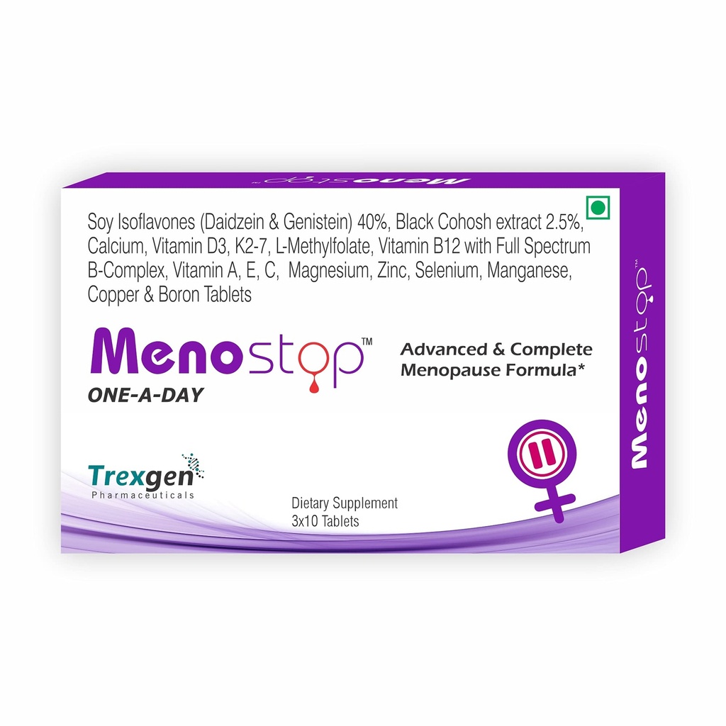Trexgen MENOSTOP Women's One-a-day Menopause Formula with Standardized Isoflavones Daidzein, Genestein, Black Cohosh, Complete Multivitamins & Minerals (30 Tablets)