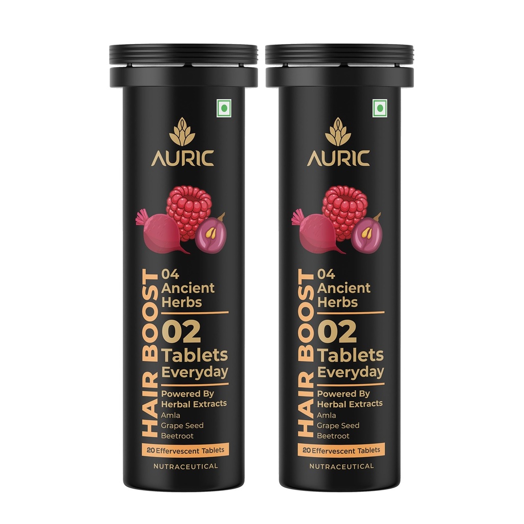 Auric Hair Boost Effervescent Tablets 40 Count | Ayurvedic Formula for Hair Fall Control | Biotin, Zinc, Beetroot & Grapeseed Extracts & Herbal Extracts | Hair Growth & Strength Support