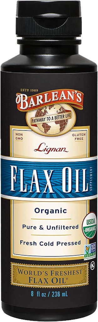 Barlean의 유기 Lignan Flaxseed 기름 액체 보충교재는 찬 압박된 Flax씨, 7,230 mg ALA Omega-3 지방산에서 피부와 머리 배려, Vegan & 글루텐, 8개 oz를 해방합니다