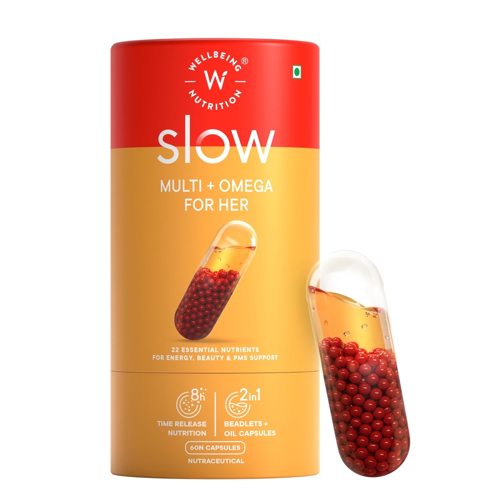 Wellbeing Nutrition Slow Multivitamin & Vegan Omega 3 for Women Biotin, CoQ10, B-Complex, Iron, Zinc, Chromium, +22 Vitamins & 10 Antioxidants | Skin Radiance, Energy, Metabolism, PMS |60 Veg Capsules