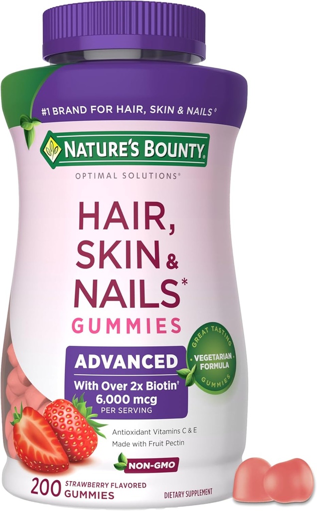 פתרונות אופטיים של Nature's Bounty Optimal Solutions Advanced Hair, Skin and Nails Pectinmies, 2x Biotin Per Serve, No Stick Gummy, Vegetarian Formula, Strawberry Flavor, 200 ct, 100 שרתי Total המשרתים