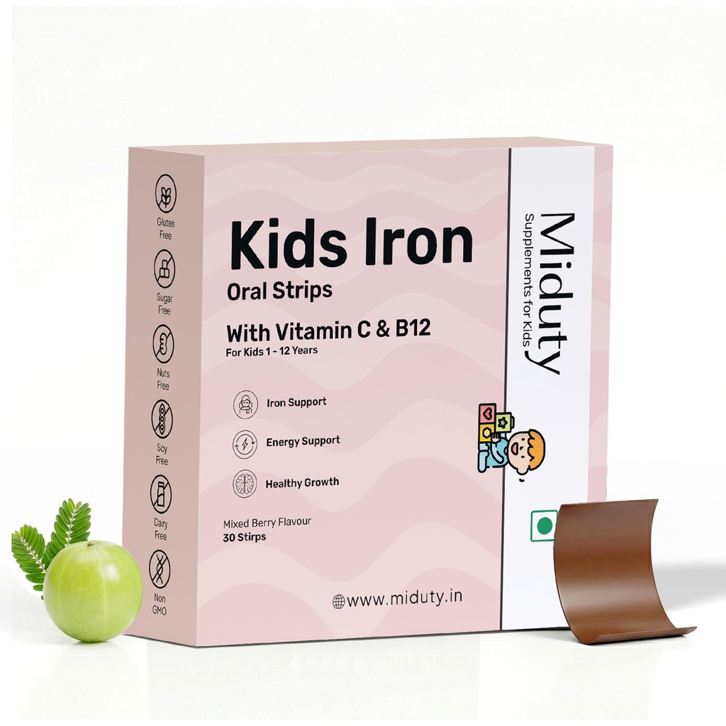 Miduty Kids Iron Strips - Iron, Vitamin C & Vitamin B12 - Supports Growth, Immunity & Hemoglobin Production - Sugar-Free - Natural Mixed Berry Flavor - 30 Strips