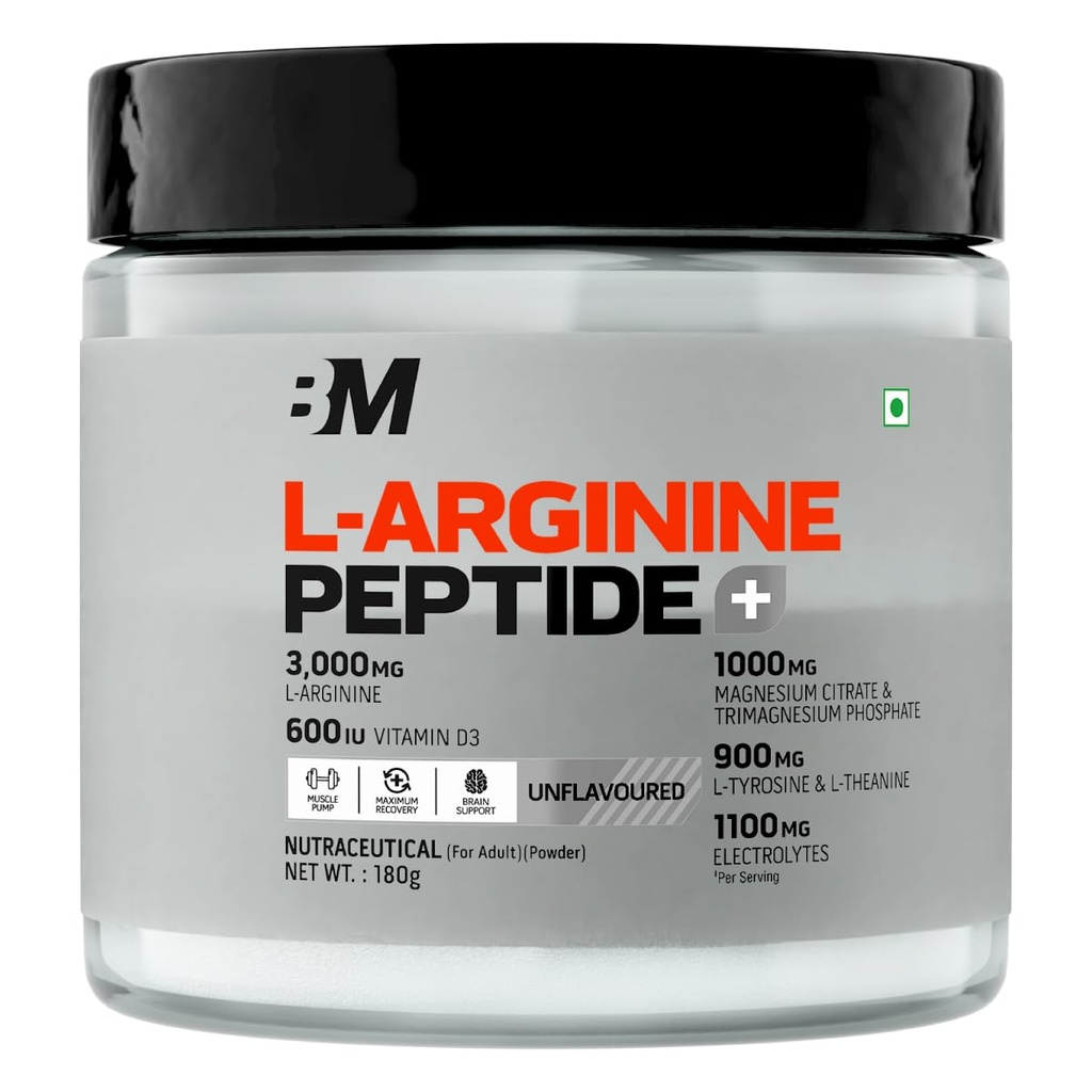 Bigmuscles Nutrition L-Arginine + Peptides [180g, Unflavoured] | Arginine Powder with Superior Grade Magnesium, Electrolytes, Tyrosine & Vitamin D3