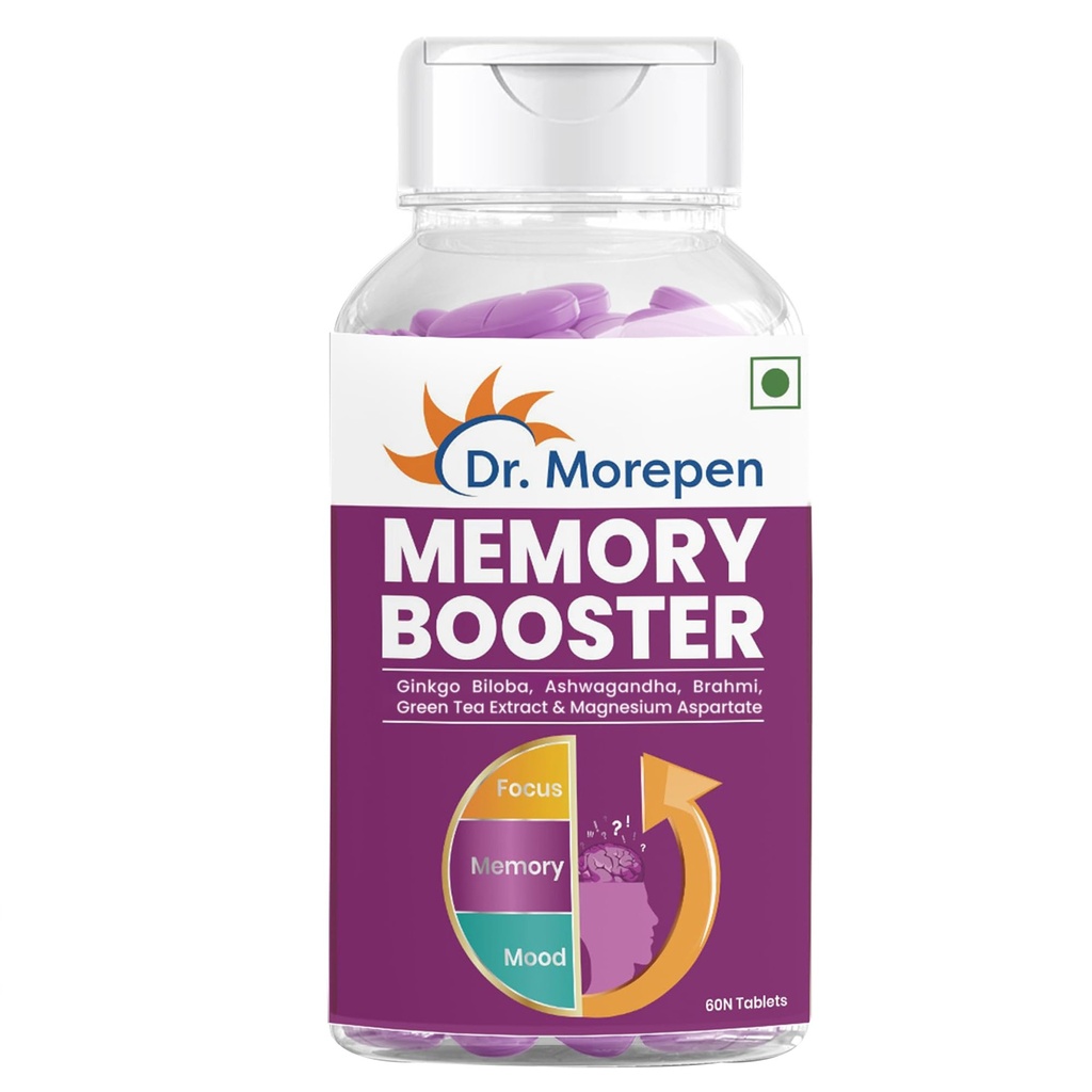 DR. MOREPEN Memory, Focus & Mood Tablets Enriched With GABA, Ashwagandha, Chamomile & Brahmi-Vitamins B1, B2, B3, Magnesium | Safe For Brain Health, Non-GMO & Preservatives Free-60 Tablets