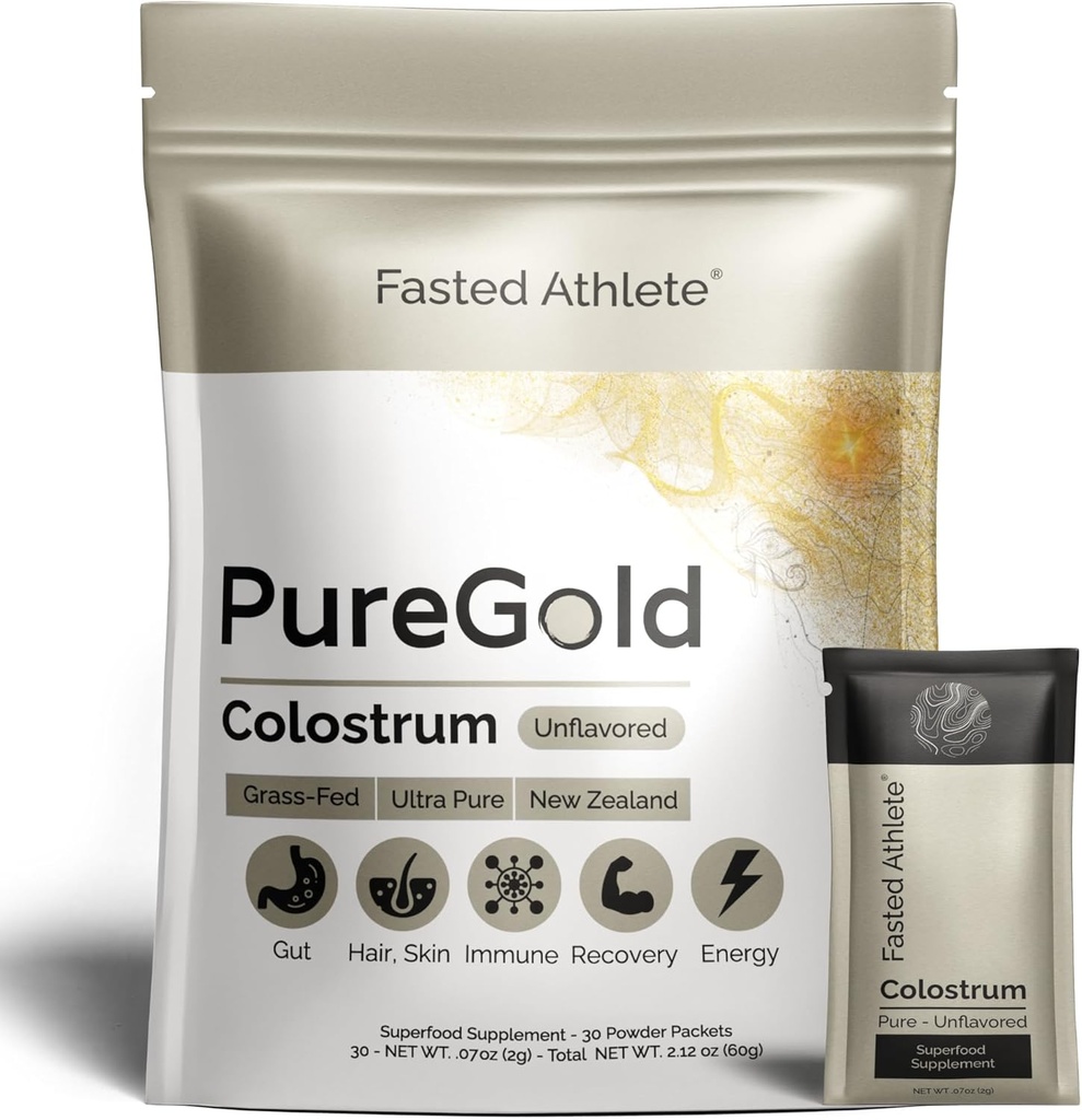 Fasted Athlete - PureGold Colostrum - Grass-Fed Colostrum hautsek osasuntsu, larru, berreskurapen eta immunitatea onartzen dute - Zerbitzu bakarreko 30 Packets