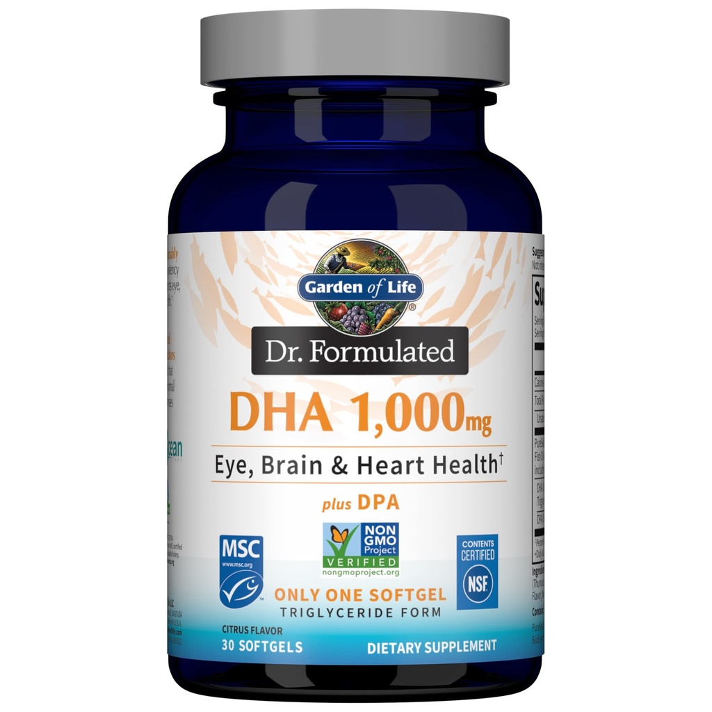 Garden of Life Dr. Formulated DHA 1,000mg Fish Oil - Lemon, Once Daily 1000mg DHA + DPA in Triglyceride Form, Single Source Omega 3 Supplement for Ultimate Eye, Brain & Heart Health, 30 Softgels