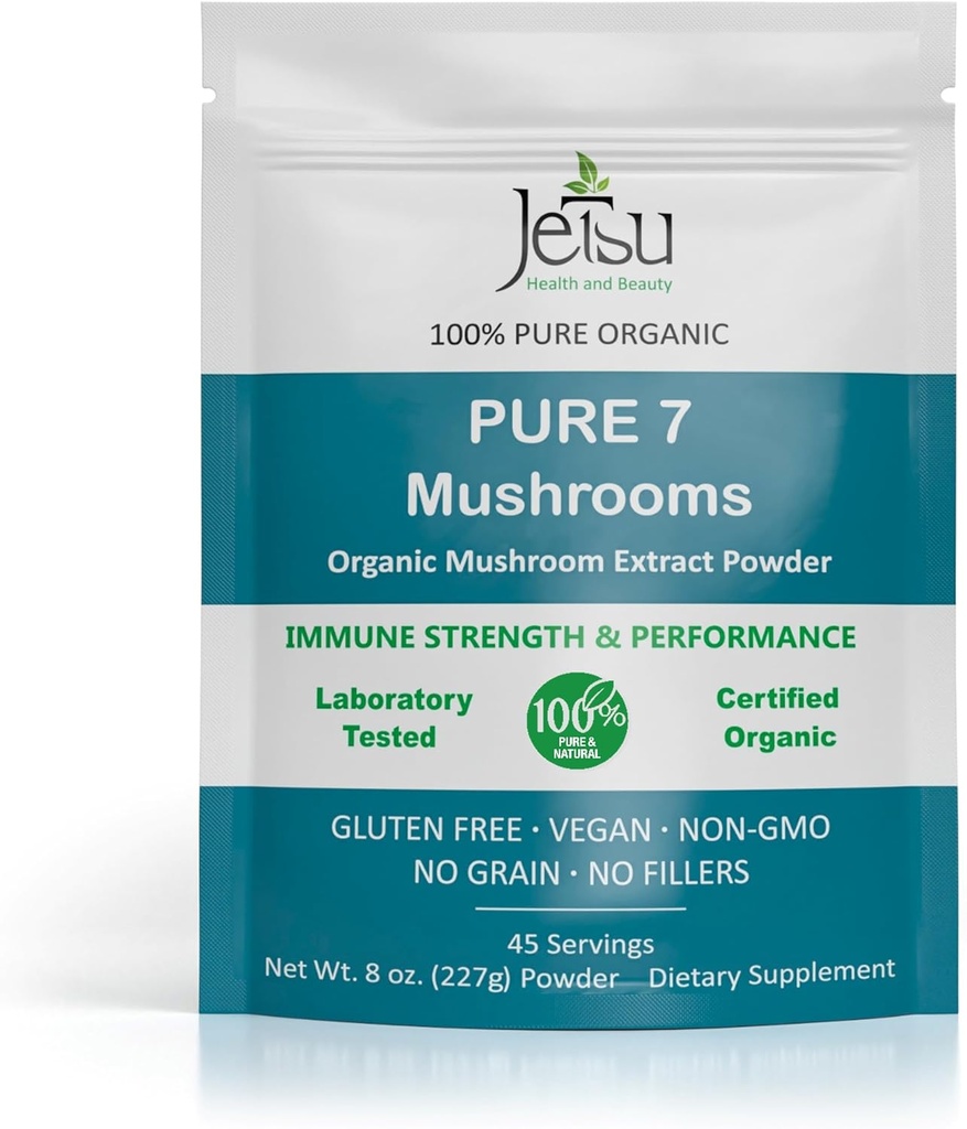 Jetsu Pure 7 Giganic Mushper Powder, Chaga, Cordyceps, Mane de Lion, Maiake, Reishi, Shira i Turquia Mushros suplementaris, per la implementació de l'Imne, Focus, Energia