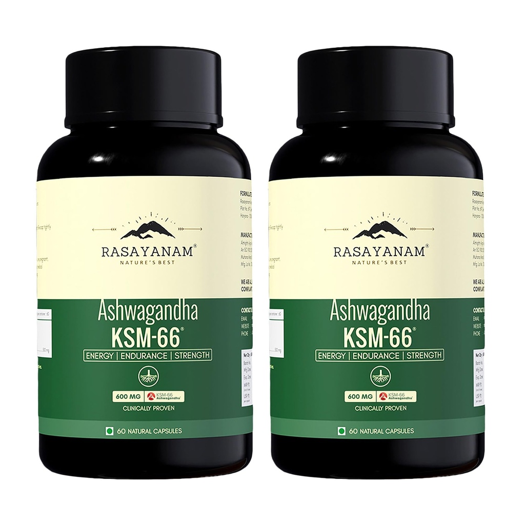 Rasayanam Ashwagandha KSM-66® | Clinically Proven 600mg Dosage | 5.1% Withanolides for Max Results | 100% Pure Root Extract | Stress Relief, Energy & Recovery Support | World’s Strongest Ashwagandha | Pack of 2 ( 60 Capsules each )