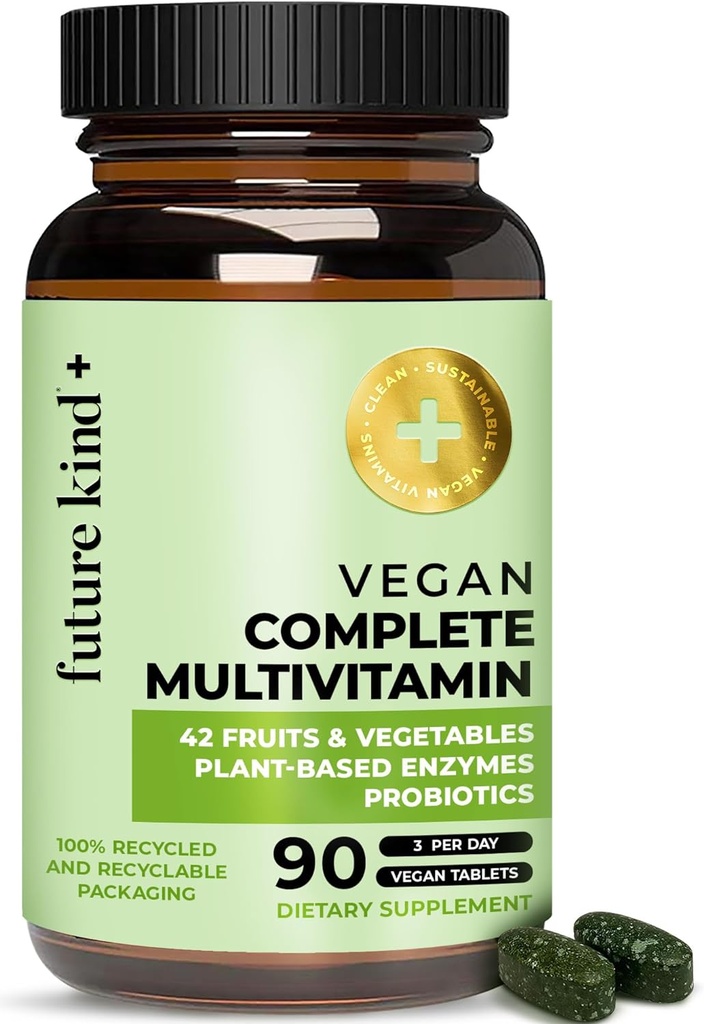 Nākotnes Kind Vegan Multivitamīni Pilnīgi - 42- in-1 Vegan Multivitamīni sievietēm un vīriešiem ar enzīmiem, B12, Cinka, un Probiotikas Gremošanas (90 tabs pārstrādātā pudelē)