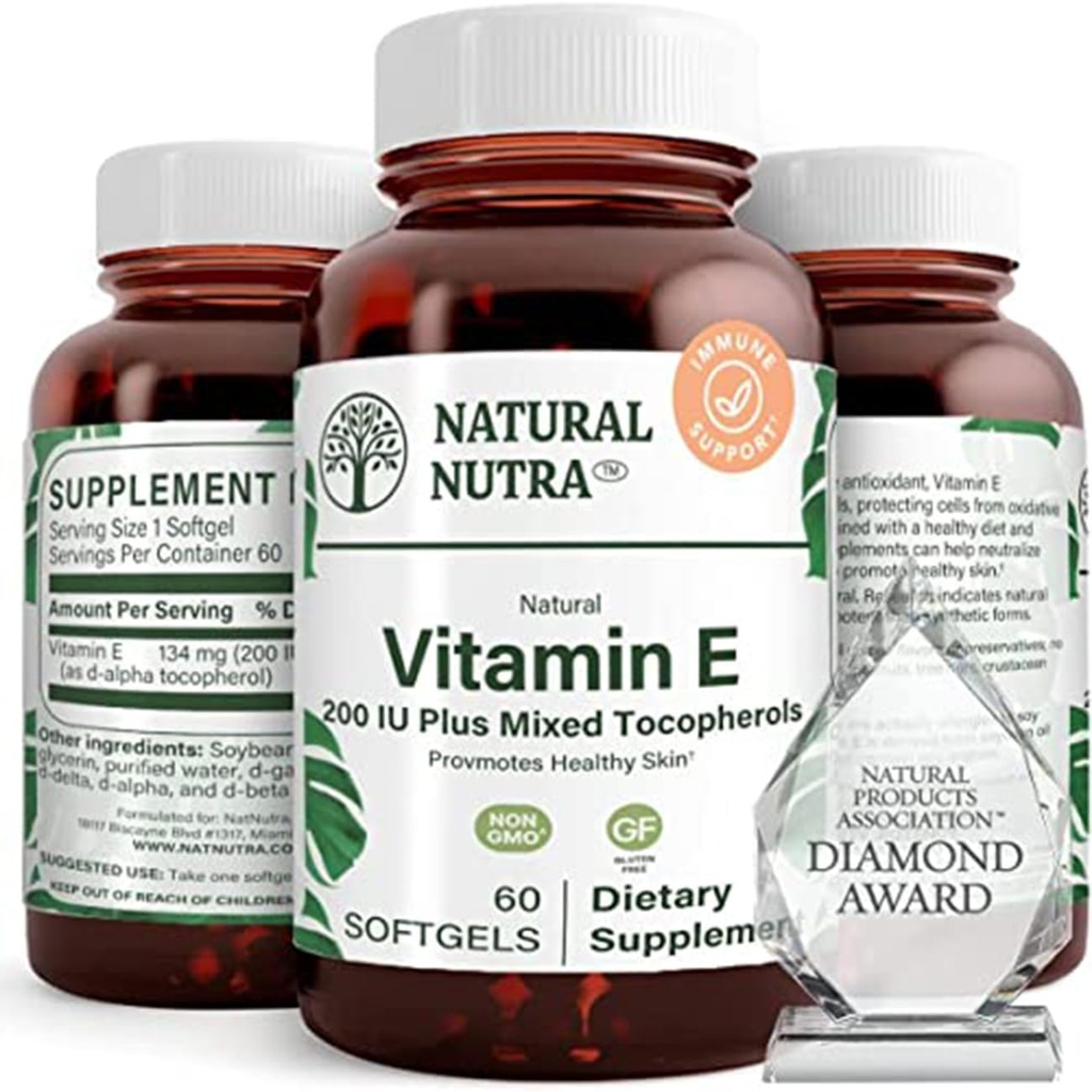 Naturlig Nutra Vitamin E 200 IU Supplement for hud, hår og negler, fremme hjerte helse, bidrar til å redusere rødhet, hjelper til å hindre hudtekstur, fremmet immunsystem, Glutenfri, 60 Softgels