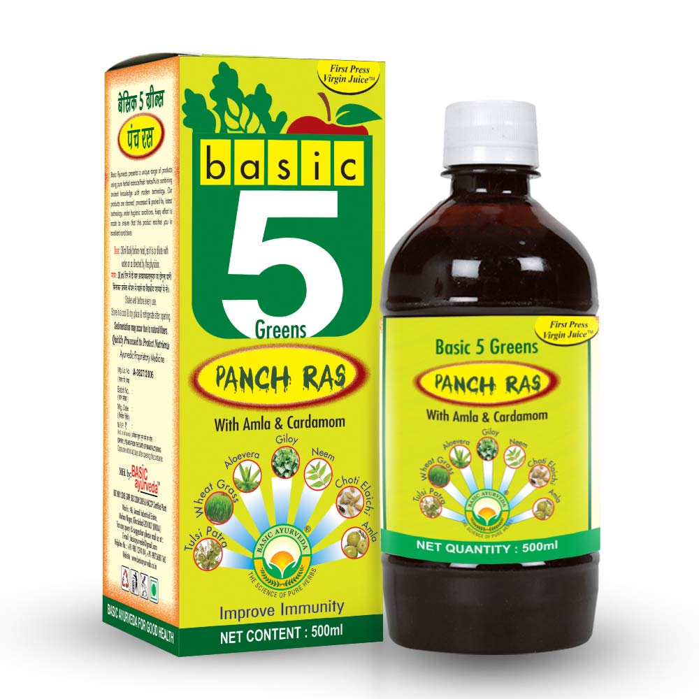 Basic Ayurveda 5 Green Panch Ras Juice 500ml | With Tulsi, Neem, Giloy, Wheatgrass & Aloe Vera | Daily Herbal Wellness
