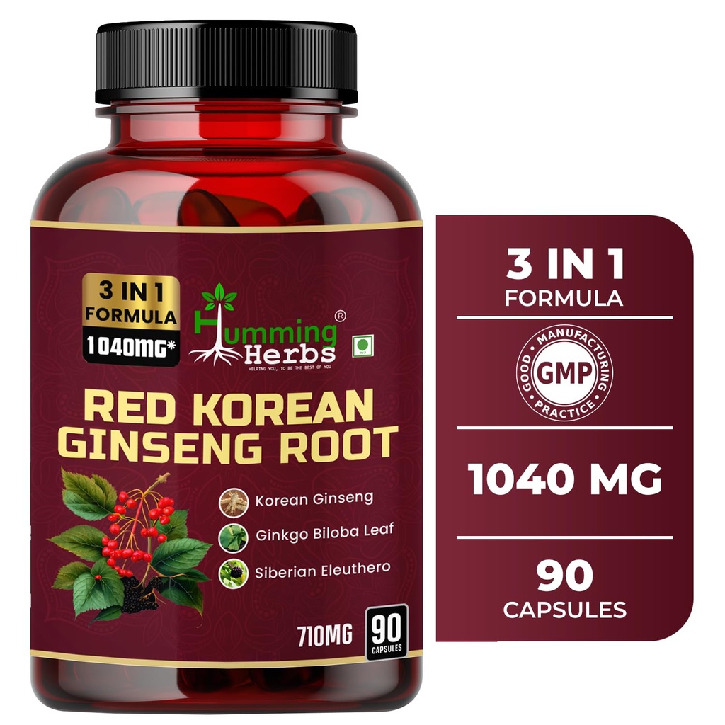 Humming Herbs Red Korean Ginseng with Ginkgo Biloba Leaf, Siberian Ginseng, Supports Energy, Concentration, Immune system and Improves Mental Clarity Bio-available Supplement