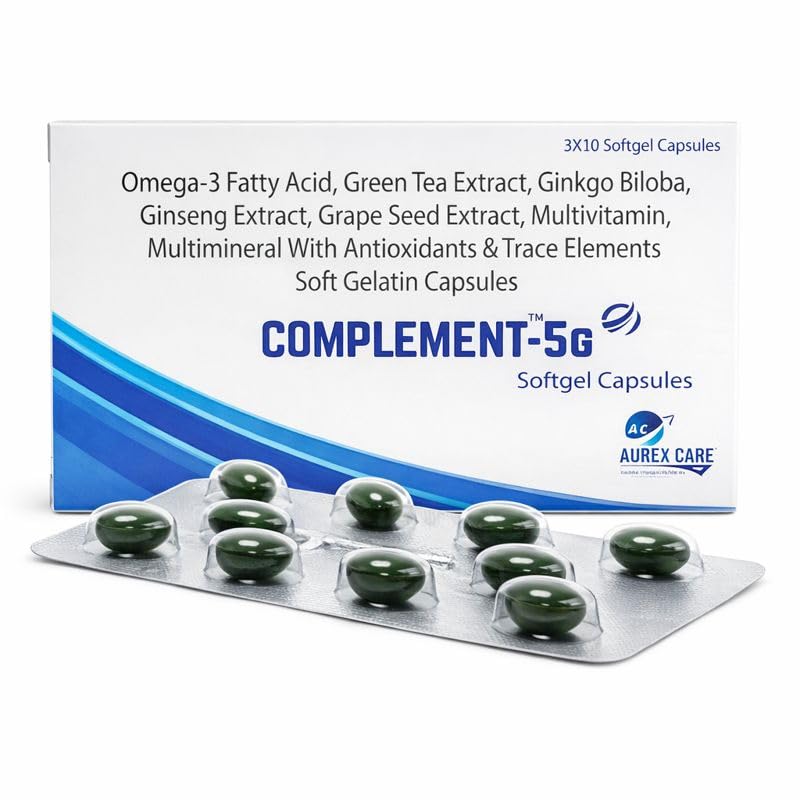 Complement-5G Multivitamin & Multimineral Softgel Capsules with Omega-3, Ginkgo Biloba, Ginseng & Green Tea Extract – Antioxidant & Energy Support – 30 Capsules