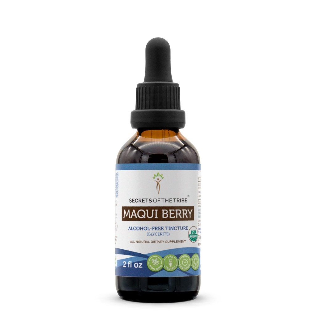 Secrets of the Tribe Maqui Berry USDA Organic Tincture Alcohol-Free Liquid Extract, Maqui Berry (Aristotelia chilensis) Dried Berry (2 FL OZ)