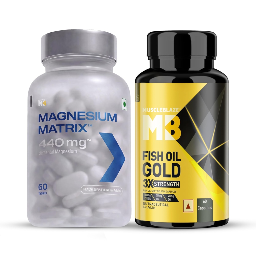 MuscleBlaze Magnesium Matrix, 60 Tablets + Omega 3 Fish Oil Gold