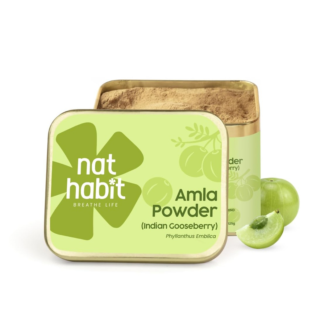 Nat Habit 100% Pure Amla Powder 125g | Phyllanthus Emblica | 4X Vitamin C Power with Nutri-Preserve Technology | Ultra Fine Grind for Hair Growth, Hair Fall Control & Skin Brightening