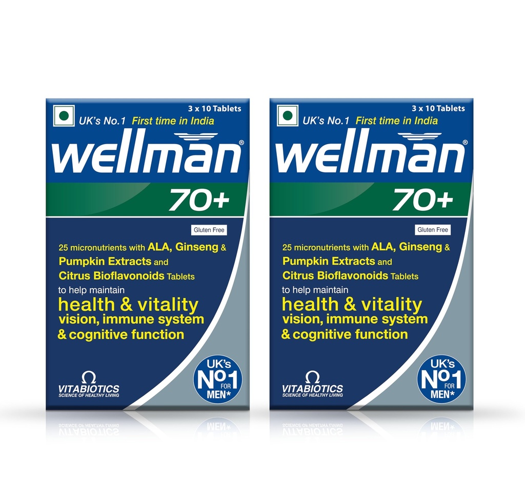 Wellman 70+ Multivitamin Tablets | Ginseng, Pumpkin Extract & Citrus Bioflavonoids | Supports Health & Vitality | Combo Pack of 2 (30 Veg Tablets Each)
