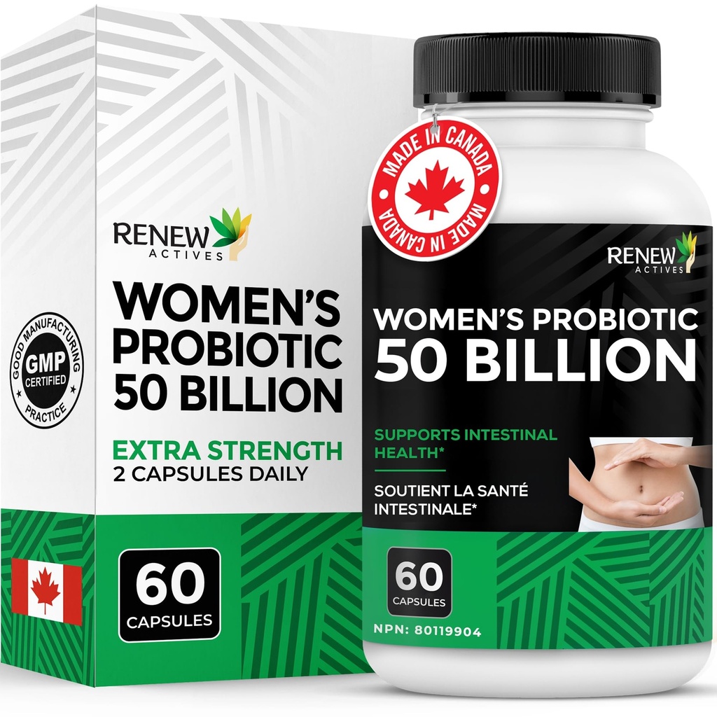 RENEW ACTIVES Probiotics for Women 50 Billion CFU per 2 Capsules – MAKTREK Technology, 4 Probiotic Strains & Prebiotic Blend– Supports Digestion Health & Gut Flora Balance– Made in Canada– 60 Capsules