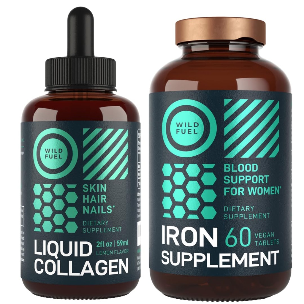 WILD FUEL Iron Supplement for Women with Folic Acid and Liquid Collagen Peptides with Biotin Female Health and Beauty Bundle
