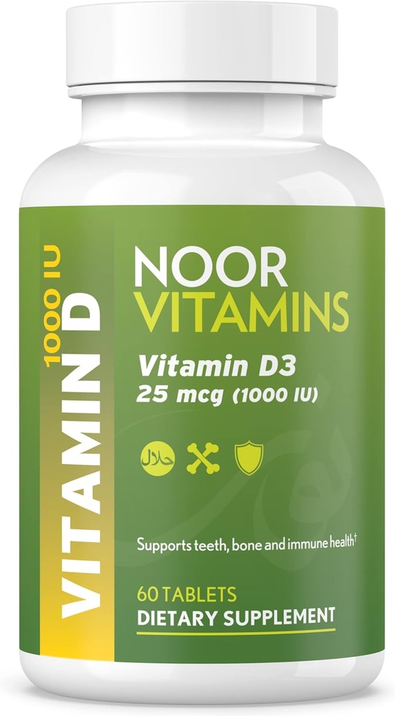 Noor bitamina D, Halal bitamina D3, 1000 IU Tablet, Hezurra, Immune eta Bihotzeko Osasuna, Ez-GMO, Gluten Free & Halal (60 Count)