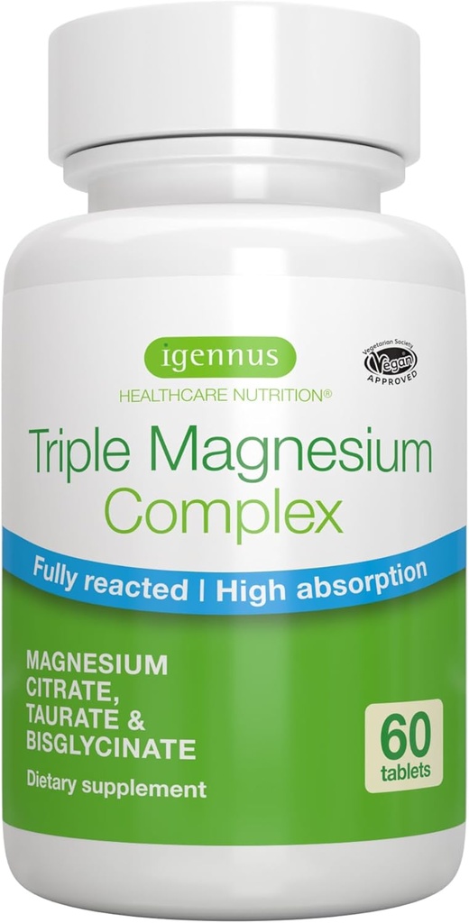 Complexo de Magnesio Triplo Superior, Totalmente Reactado e Chelado Glycinato, Taurate & Citra, Etiqueta Limpa, Alta Biodispoñibilidade e Absorción, 60 Tablets, Vegan, Non-Buffered