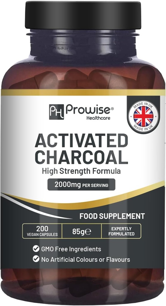 Activated Charcoal Capsules - 200 High Strength Vegan Capsules- 2000mg pro Servieren I Made in UK von Prowise Healthcare