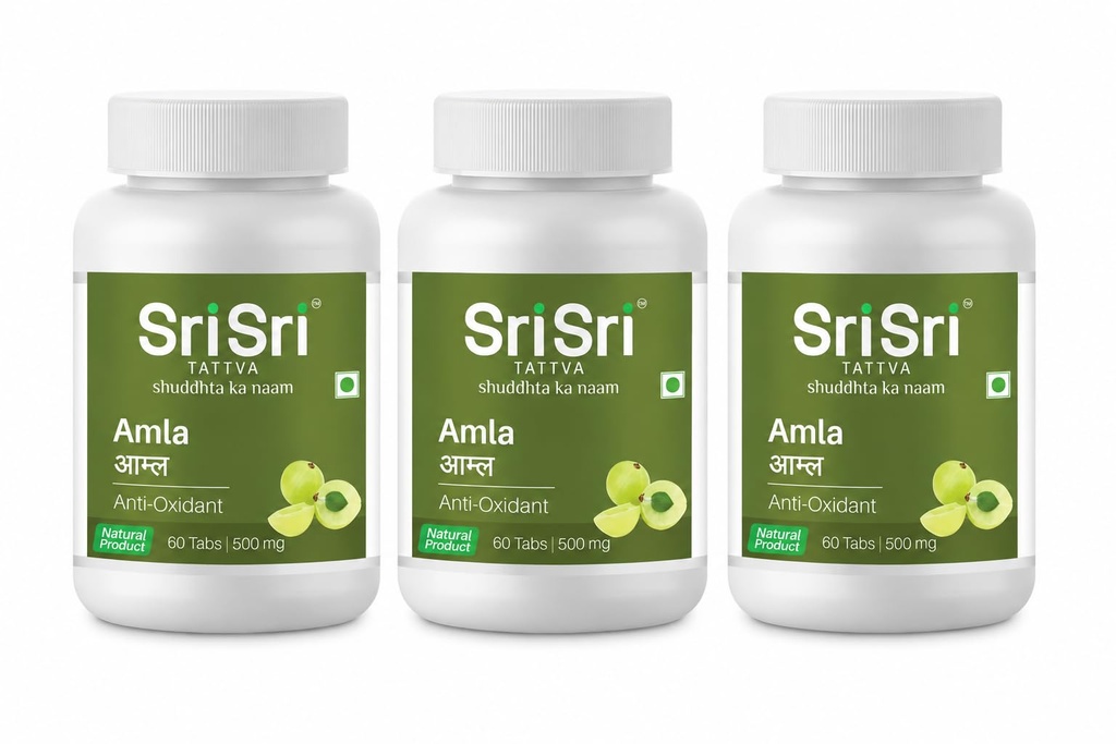 Sri Sri Tattva Amla Tablets - 500 mg, 60 Tablets | Immunity, Digestion, Skin, Hair & Overall Wellness Support | Indian Gooseberry Antioxidant Tablets | (60 Tablets x Pack of 3)
