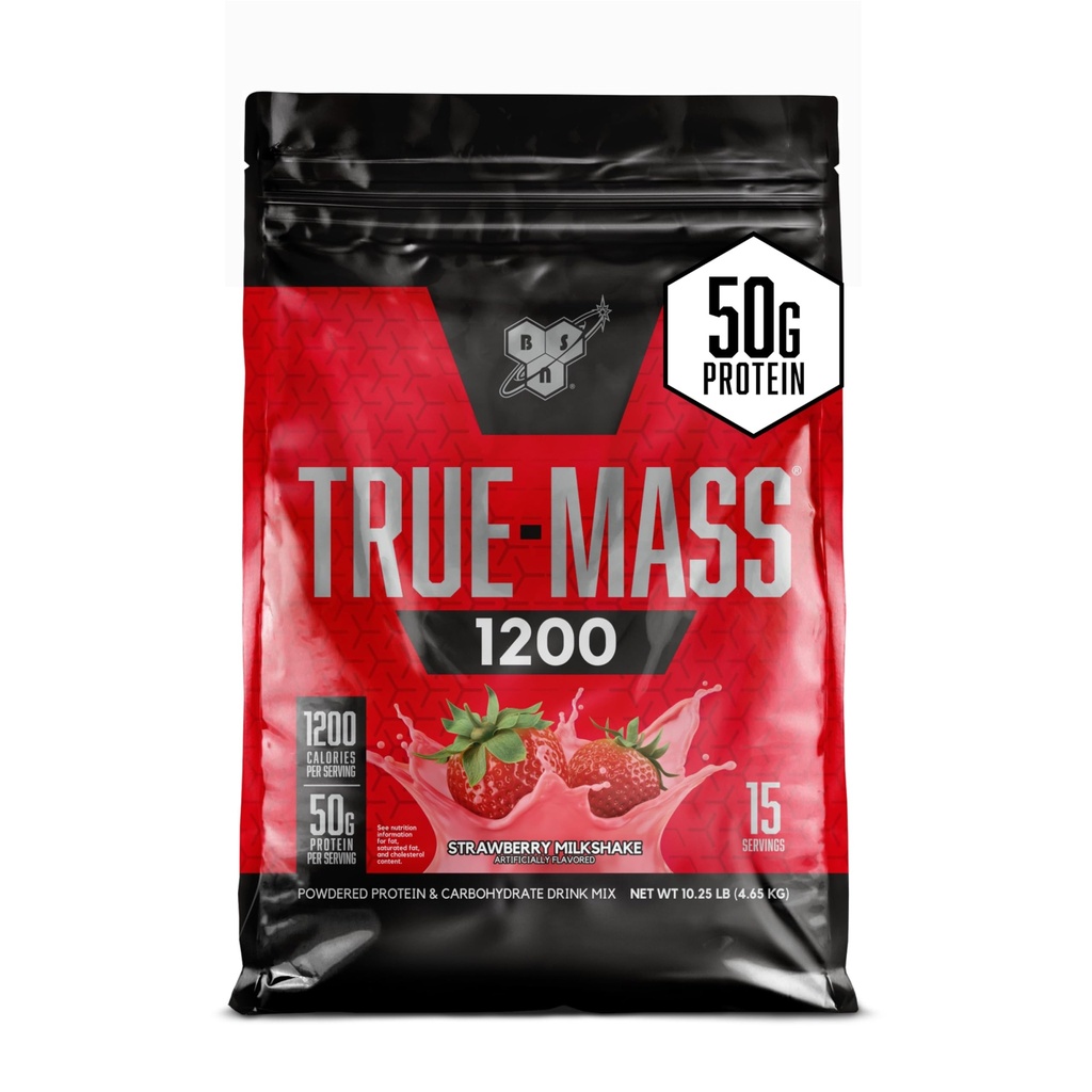 BSN TRUE-MASS Weight Gainer, Mass Gainer Protein Powder, Post Workout Muscle Recovery Powder, Muscle Gainer, 4:1 Carbs to Protein Ratio, Strawberry Milkshake, 10.25 Pound, 15 Servings