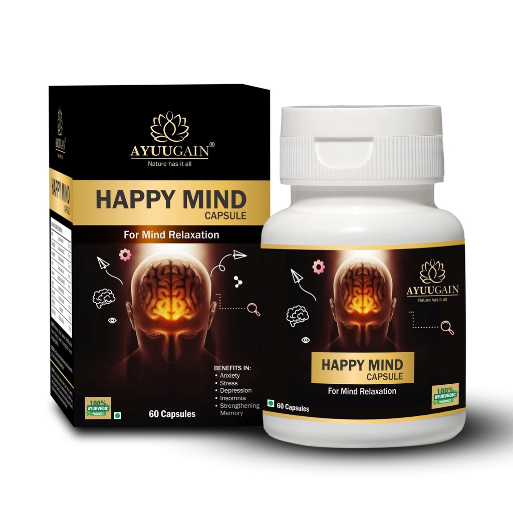AYUUGAIN Happy Mind Capsule, Herbal Support for Stress, Tension & Anxiety Relief with Ashwagandha, Brahmi, Shankhpushpi, Vacha etc.| Brain, Memory, Sleep, Mood Ayurvedic Supplement - 60 Veg. Capsules