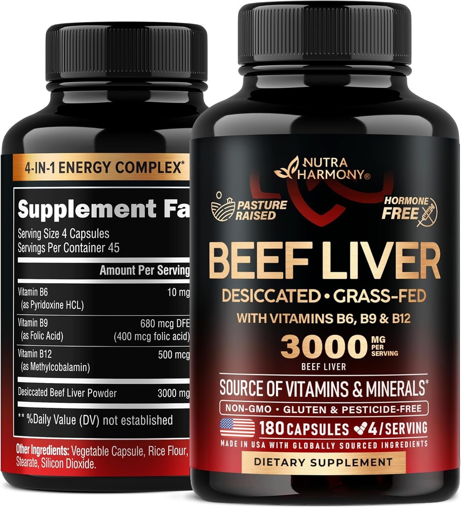Beef Liver כמוסות 3000 מ"ג - אורגני Desiccated Beef Liver - Grass-Fed, Pesticide Free & Pasture גדל - עבור אנרגיה, מוח, מיקוד & Mood, Skin & Hair Support - עם ויטמין B-Complex - 180 קפסולות