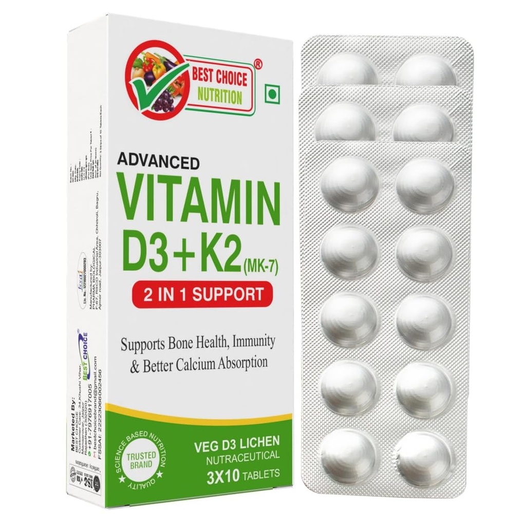Vitamin D3 K2 Supplement | Vitamin K2 MK7 To Support Bone & Heart Health | Veg D3 - Lichen (30 Tablets)