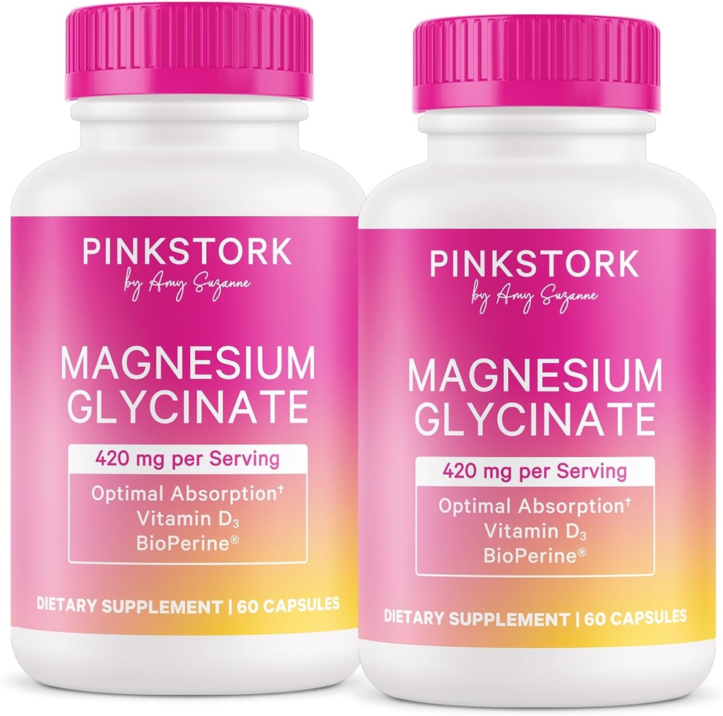 Pink Stork Magnesio Glycinato con vitamina D - Suplemento de magnesio para as mulleres para apoiar calma natural - 2 Pack