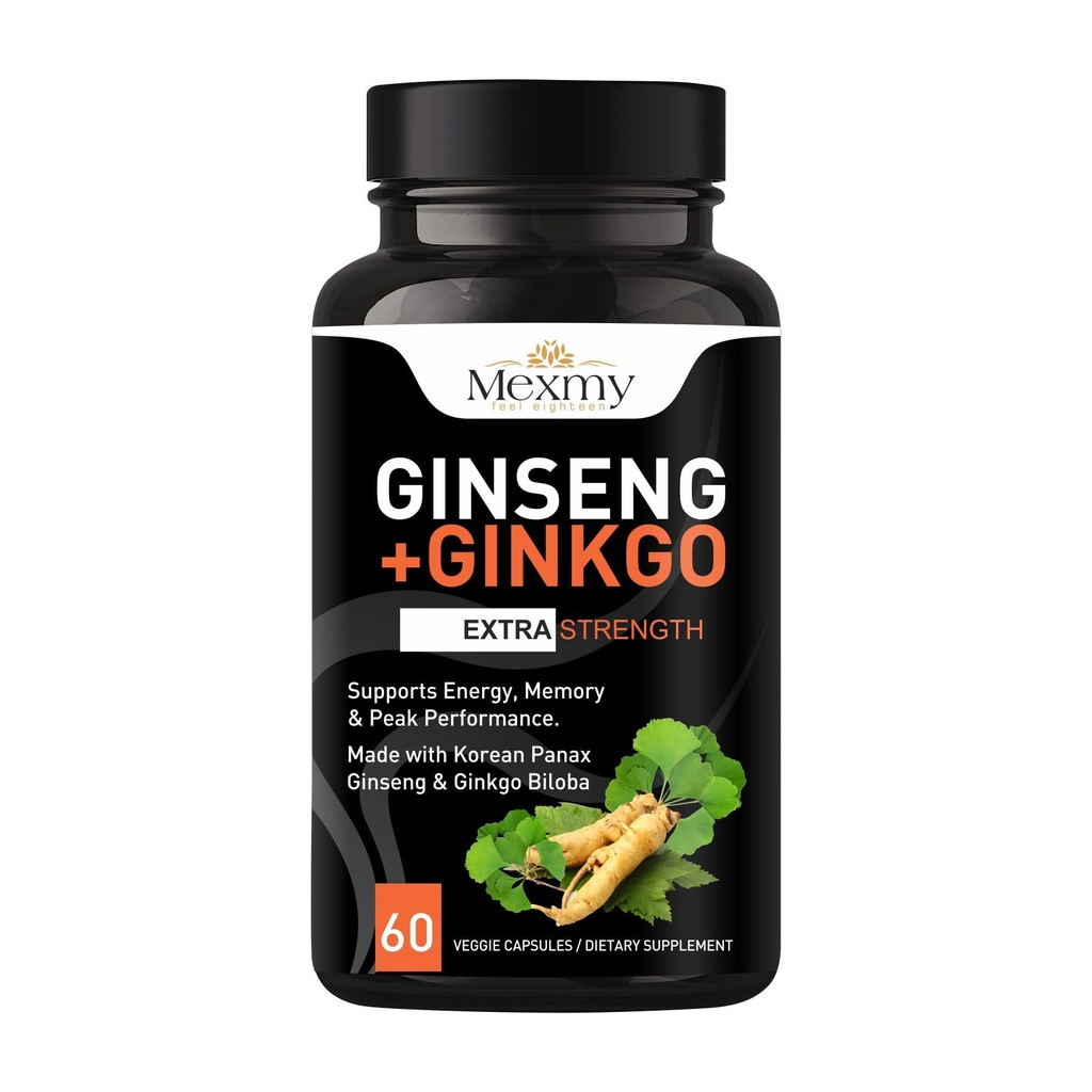 Mexmy Panax Ginseng & Ginkgo Biloba Supplement - Red Korean Ginseng & Ginko Biloba Capsules for Men & Women - Supports Memory Focus & Brain Function - 60 Count