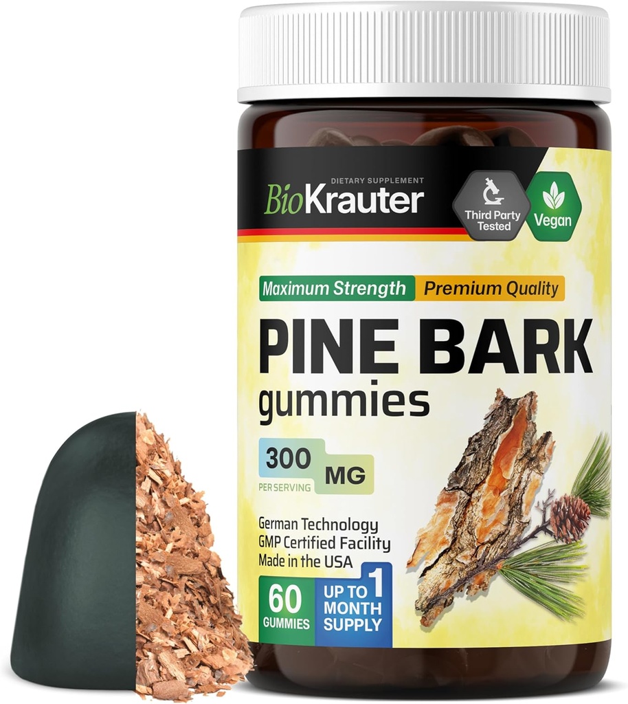 BiO KRAUTER Pine Bark Extract gummies - 300 mg Pemasak Vegan - 60 Tegan Perancis Maritim Pine Bark Extract - Antiokidant Suplemen - 95% Proantocyanidins - Pectin- berbasis Formula