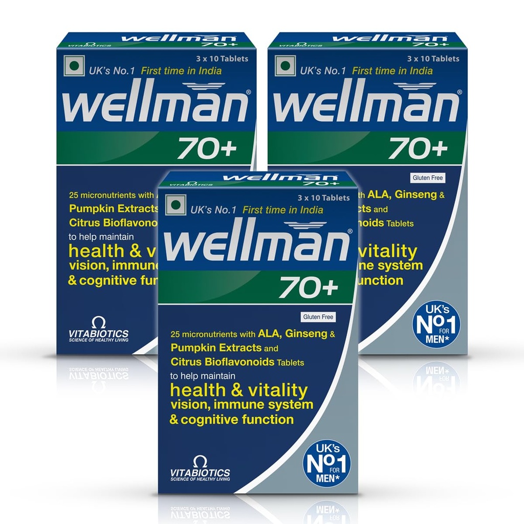 Wellman 70+ Multivitamin Tablets | Ginseng, Pumpkin Extract & Citrus Bioflavonoids | Supports Health & Vitality | Combo Pack of 3 (30 Veg Tablets Each)