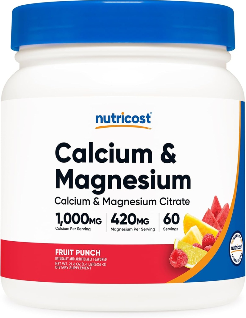 Nutricost Calcium Magnesium Powder (Fruit Punch, 60 zerbitzatu) - Hezur-euskarria, Gluten Free (Calcium Citrate eta Magnesium Citrate-tik)