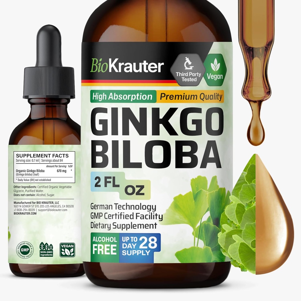 BIO KRAUTER Ginkgo Biloba Extract - ビタミンBilobaサプリメント - ビーガン、アルコール&砂糖無料 - 2 Fl Oz