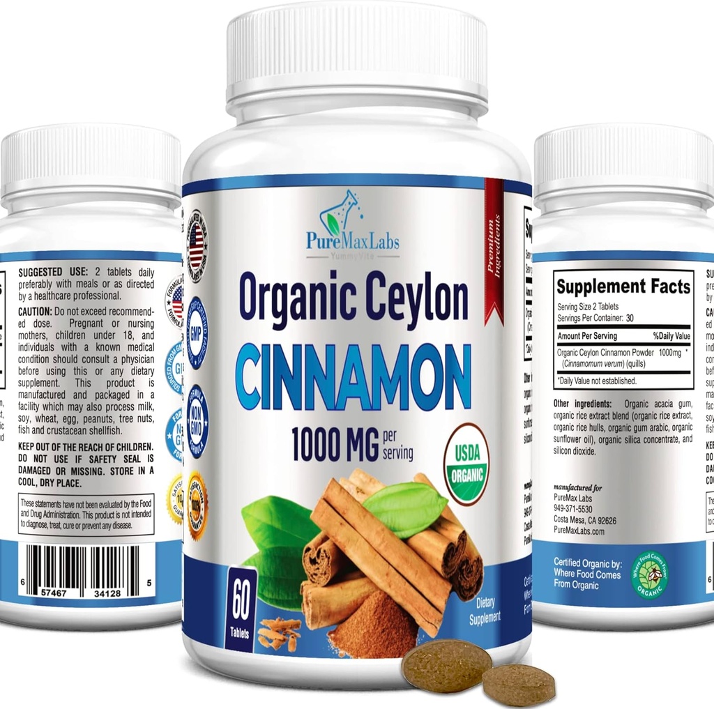 Organisk Ceylon Cinnamon - 1000 mg per servering, certifierad organisk sant kanel tillägg, antioxidant, snabb absorption - 60 tabletter