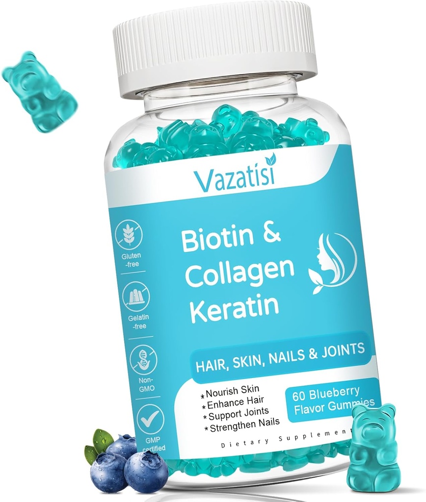 Biotin Gummies ar kolagēns & keratīns matu ādas naglas- atbalsta matu augšanu un spēcīgāku nagus, sievietes vīrieši, bērni - 60 zilenes uzliesmo gumijas