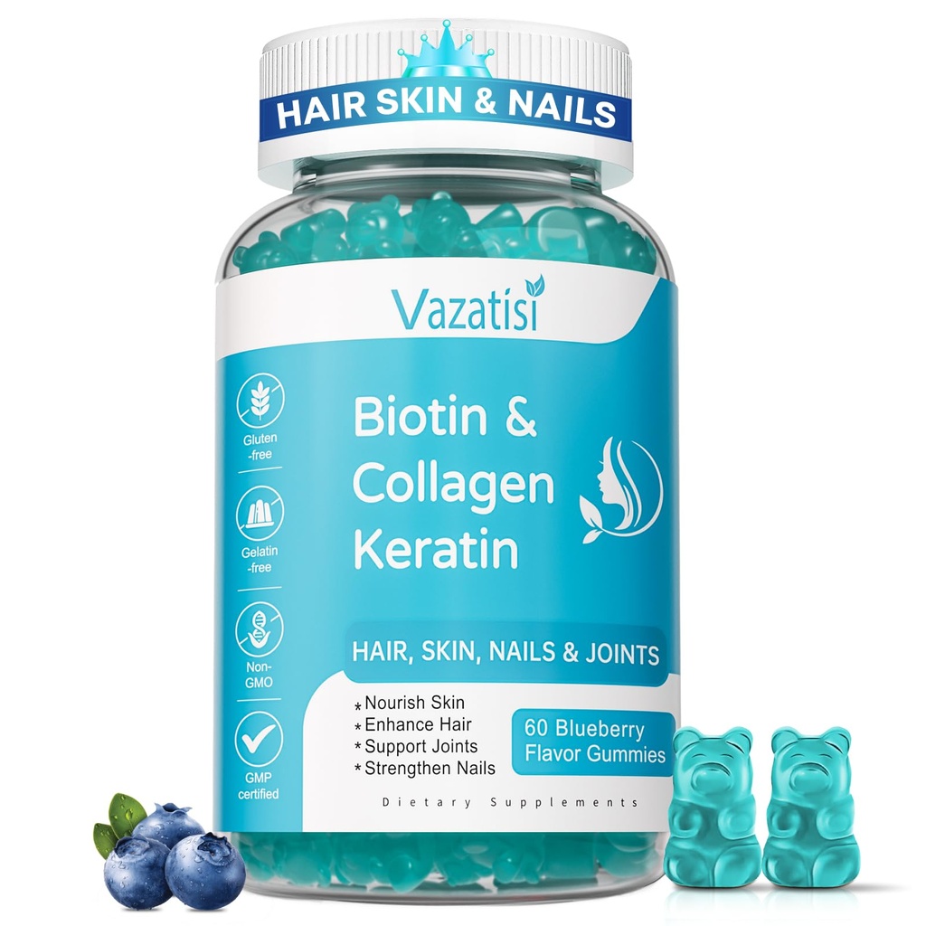 Biotin Gummies with Collagen & Keratin for Hair Skin Nails- Supports Hair Growth and Stronger Nails, Women Men, Kids - 60 Blueberry Flavored Gummies