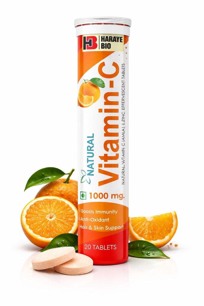 Natural Vitamin C Effervescent Tablets With 1000 Mg Amla Extract & Zinc Sulphate Monohydrate | Immunity Booster Supplement Orange Flavour | Fast Dissolving 20 Tablets Pack Of 1