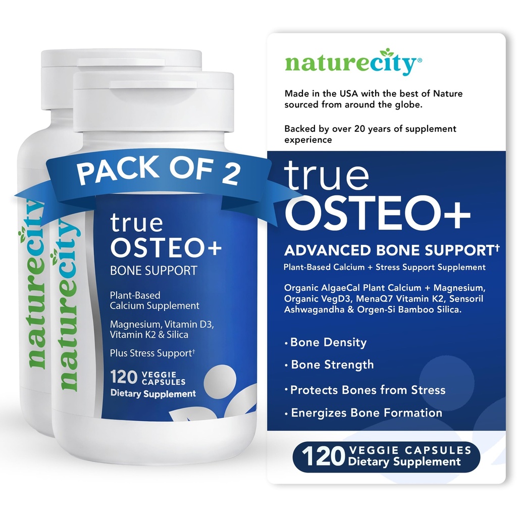 NatureCity True-Osteo Plus Bone Support with Ashwagandha – for Strength & Density – Plant-Based Calcium with Organic AlgaeCal, Magnesium, Vitamin D3, K2, Silicon & Stress Support | 240 Veggie Capsules